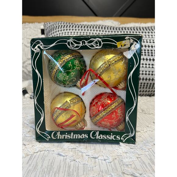 Vintage Christmas By Krebs Glass Ball Ornaments Red, Green and Gold, set of 4 - Picture 1 of 7